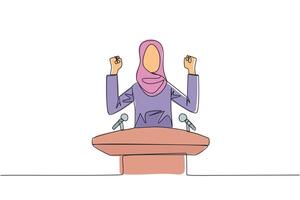 Célibataire un ligne dessin Jeune arabe femme d'affaires Parlant à le podium tandis que élevage et serrant tous les deux mains. stylé comme une politicien cherchant voix. continu ligne conception graphique illustration vecteur