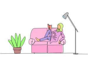 Célibataire un ligne dessin arabe femme séance étiré en dehors sur canapé en train de lire livre. vraiment comme contenu de le livre en train de lire sur chaque page. impressionnant. l'amour lire. continu ligne conception graphique illustration vecteur