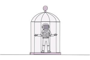Célibataire continu ligne dessin astronaute piégé dans cage permanent avec ouvert bras. abandon à le situation. forcé à rester dans une cage. affaires est ne pas croissance. un ligne conception illustration vecteur