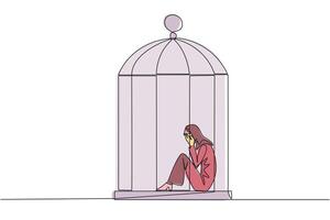 continu un ligne dessin arabe femme d'affaires piégé dans le cage séance couvrant affronter. ressentir tout à fait vaincu. piégé dans une sale entreprise. mentalement fatigué. perdu. Célibataire ligne dessiner illustration vecteur