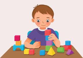 mignonne peu garçon en jouant coloré en bois brique bloquer jouets à le table vecteur