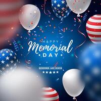 Mémorial journée de le Etats-Unis conception modèle avec américain drapeau air ballon et chute confettis sur brillant bleu Contexte. nationale patriotique fête illustration pour bannière, salutation carte ou vecteur