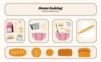 fait maison pain recette. cuisson Ingrédients et outils, traditionnel nourriture préparation processus, Fait main boulangerie des produits. ensemble vecteur