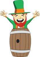 personnage de lutin de la saint patrick. leprechaun sautant d'un tonneau. lutin de la suite verte célébrant la fête irlandaise. vecteur