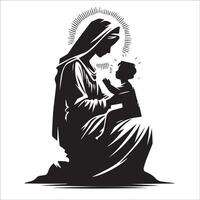 une noir et blanc illustration de une vierge Marie en portant une bébé Jésus vecteur