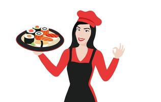 femme chef avec Japonais Sushi nourriture illustration vecteur