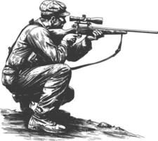 tireur d'élite armée soldat dans action plein corps image en utilisant vieux gravure style vecteur