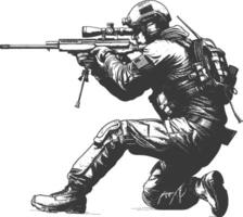 tireur d'élite armée soldat dans action plein corps image en utilisant vieux gravure style vecteur
