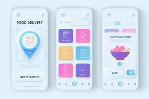 ensemble de modèles neumorphes de concept de nourriture de livraison. choix de plats ou de boissons, commande en ligne, service de livraison à domicile. écrans ui, ux, gui pour une application mobile réactive. kit de conception de vecteur dans le style de neumorphisme