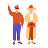 illustration vectorielle plane de retraités. famille d'âge senior. homme âgé agitant. vieux couple en vêtements d'extérieur. Personnage de dessin animé isolé retraités sur fond blanc vecteur