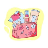 sac cosmétique pour femme avec produits cosmétiques pour les soins de la peau. illustration vectorielle dessinés à la main. concept de beauté vecteur