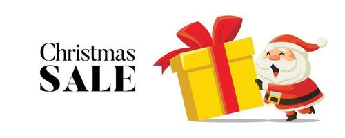 annonces de vente de Noël sur les réseaux sociaux. père noël drôle de bande dessinée poussant une énorme boîte de cadeau de noël. conception de modèles promotionnels pour joyeux noël et nouvel an vecteur