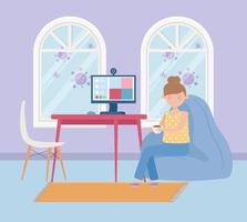 rester à la maison, femme avec une tasse de café dans la chambre avec vidéo informatique vecteur