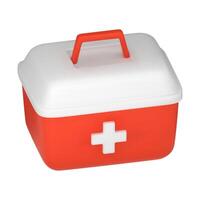 3d réaliste fermé rouge premier aide trousse, urgence boîte. médical, hôpital, médecin se soucier sac. symbole de sécurité, urgence aider. illustration dans dessin animé minimal style sur une blanc Contexte vecteur