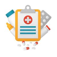 médical carte, presse-papiers. médicaments, gélules, comprimés. médical traitement. 3d illustration isolé sur une blanc Contexte vecteur