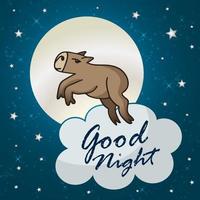le capybara mignon saute sur le fond de la lune et des nuages. bonne nuit fais de beaux rêves. illustration vectorielle comique. vecteur
