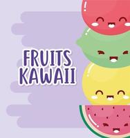 paquet de fruits kawaii avec lettrage de fruits kawaii vecteur