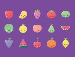 groupe de fruits kawaii avec un sourire vecteur