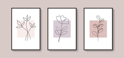 botanique mur art ensemble. feuillage et fleur ligne art dessin avec abstrait forme pour imprimer, couverture, fond d'écran, affiche. branché minimal mur art. illustration vecteur