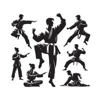 martial art ou karaté silhouettes illustration . Japon Chine traditionnel martial art. auto défense présentation symboles. corps pose Icônes. karaté pose panneaux vecteur