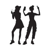 femmes prise selfie pose. parlant sur mobile téléphone. ensemble de femmes prise selfie silhouette illustration. vecteur