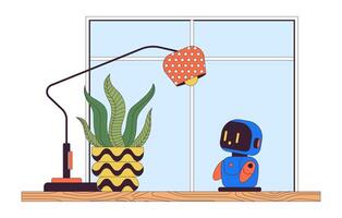 petit un compagnon robot sur bureau Bureau ligne dessin animé plat illustration. étude copain bot dessus de la table lampe plante d'appartement 2d lineart intérieur isolé sur blanc Contexte. sensationnel étonné technologie scène Couleur image vecteur