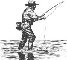 pêcheur dans action images en utilisant vieux gravure style vecteur