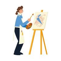 femme artistique en tablier dessin photo utiliser un pinceau et une palette de couleurs vecteur