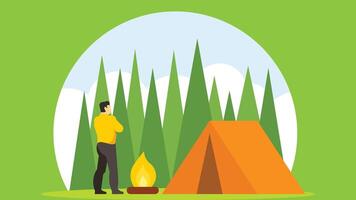 camp dans une forêt avec tente et cheminée et voyageur illustration vecteur