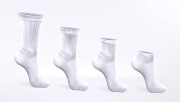 3d réaliste ensemble de des sports et décontractée blanc chaussettes différent longueurs isolé sur blanc Contexte. long, milieu et court classique coton pied vêtements moquer en haut. modèle maquette tenue de sport. vecteur