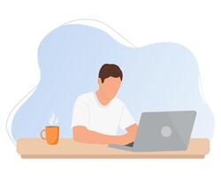 homme est travail à le bureau avec une portable. free-lance, en ligne éducation, la toile surfant ou Bureau ouvrier. illustration dans dessin animé style vecteur