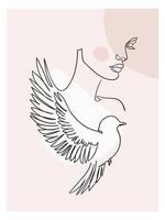 femme avec oiseau. portrait minimaliste style. ligne art illustration. vecteur