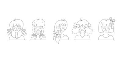 ensemble avec 5 les filles avec différent coiffures et cheveux arcs. noir, blanc griffonnage illustration. vecteur