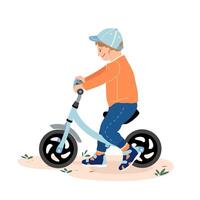 peu garçon conduite une pousser bicyclette à gaiement. garçon apprentissage sur une premier sport bébé équilibre vélo. personnage illustration isolé sur blanc Contexte. vecteur