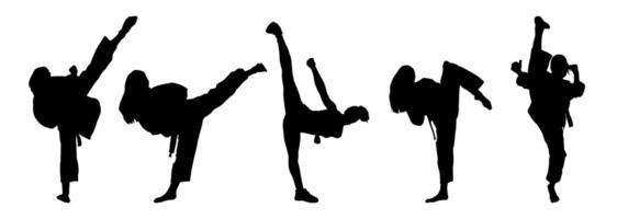 silhouette collection de martial art femmes coups de pied pose. silhouette de femelle guerriers dans action pose. vecteur