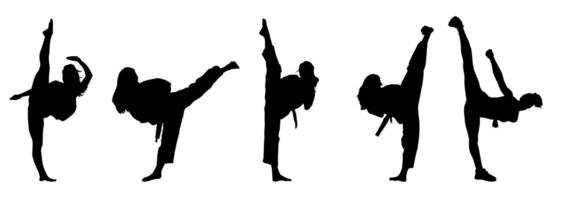 silhouette collection de martial art femmes coups de pied pose. silhouette de femelle guerriers dans action pose. vecteur