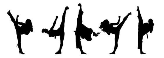 silhouette collection de martial art femmes coups de pied pose. silhouette de femelle guerriers dans action pose. vecteur