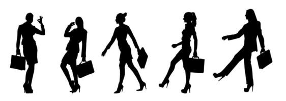silhouette collection de affaires femme porter mallette dans expressif pose vecteur