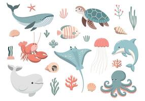 mer et océan sous-marin animaux. mignonne tortue, baleine, dauphin, poulpe et autre. puéril plat dessin animé illustration. isolé sur blanc Contexte vecteur