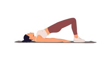 content femme formation yoga sur tapis, faire des exercices pour en bonne santé pelvien muscles. fille Faire kegel exercer, pont pose mensonge sur sol, bassin élevé en haut asana. illustration isolé sur blanc Contexte vecteur