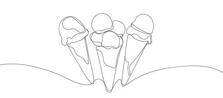 la glace crème continu ligne dessin. un ligne la glace crème dans gaufre cône. symbole dessert gelato dans Facile linéaire style. différent type la glace crème été ensemble. main tiré minimaliste style illustration vecteur