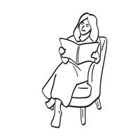 femme en train de lire livre ou magazine dans fauteuil illustration main tiré isolé sur blanc Contexte vecteur