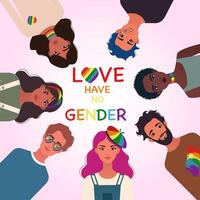 lgbt communauté. diverse gens à lgbtq fierté autour carré. sexuel liberté et l'amour la diversité concept. gais, lesbiennes et queer les personnes avec arc en ciel couleurs accessoires. plat illustration. vecteur