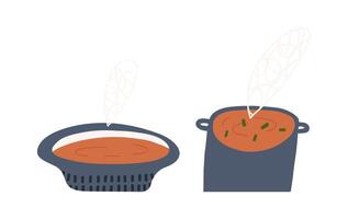 citrouille soupe dans pot et bol, dessin animé plat illustration isolé sur blanc Contexte. main tiré l'automne légume soupe. délicieux saisonnier aliments. vecteur