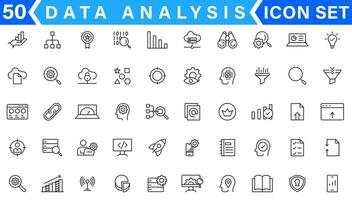 Les données une analyse ligne Icônes ensemble. analytique, serveur, exploitation minière, Les données filtre, circulation, ai, hébergement, surveillance. statistiques et analytique contour Icônes collection vecteur