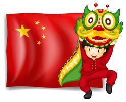 Un garçon fait la danse du dragon devant le drapeau de la Chine vecteur