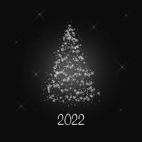 arbre de noël blanc magique de flocons de neige avec des étoiles scintillantes sur fond gris foncé. joyeux noël et bonne année 2022. illustration vectorielle. vecteur