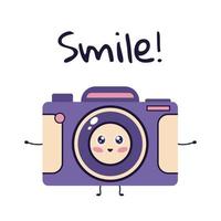 appareil photo de personnage mignon. appareil photo heureux dit sourire. illustration vectorielle plane en style cartoon. vecteur