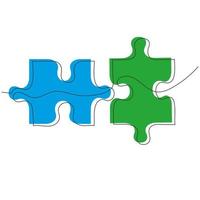 Puzzle continu de pièces de dessin d'une ligne avec des couleurs bleu et vert. conception de métaphore d'entreprise. illustration vectorielle dessinés à la main. vecteur