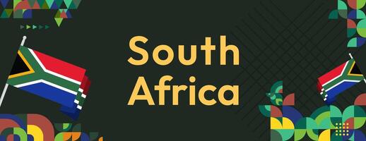 Sud Afrique nationale indépendance journée large bannière. moderne géométrique abstrait Contexte dans coloré style pour Sud Afrique journée. Sud africain indépendance salutation carte couverture avec pays drapeau. vecteur
